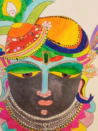 Another stunning example of Pichwai art from my students. They learned about the specific motifs, colors, and decorative elements that define this traditional Indian art form.