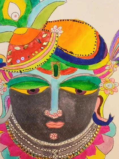 Another stunning Pichwai-style Krishna, adorned with intricate patterns and bright colors. The students did an amazing job with these.