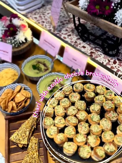 Here's another look at a corporate catering event. You can see my Khari with Exotic Cheese Broccoli Dip, a crowd favorite, alongside other delicious vegetarian appetizers. I handle everything to make your event's food service seamless.