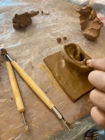 A close-up of a clay ear taking shape. Using simple sculpting tools, participants learn to observe details and translate them into a three-dimensional form, a great exercise for any aspiring artist.