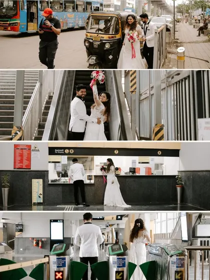 The story of a wedding day journey through Mumbai. This collage shows the couple navigating the city, from taking an auto-rickshaw to using the metro, turning their commute into a memorable part of their celebration.