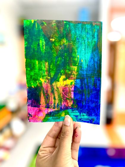 A vibrant abstract piece created by layering colors. In our classes, we explore abstract art as a way to understand color interaction and composition.