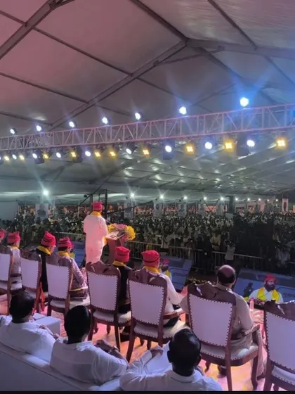 This is the view from the stage inside the large event tent. I handle everything from the structural frame and lighting rigs to the seating arrangement for hundreds of attendees, ensuring a professional setup for speakers and guests.