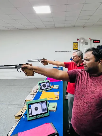 It is never too late to learn a new skill. Here, two of our Master category shooters practice with their air pistols, preparing for the South Zone Shooting Championship. Our academy welcomes enthusiasts of all ages.