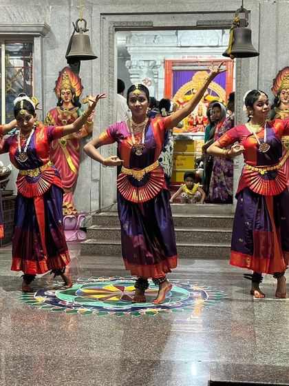 A beautiful formation by my students around a traditional 'rangoli' at the Bhavani Shankara temple. We pay attention to every visual detail of our performance.