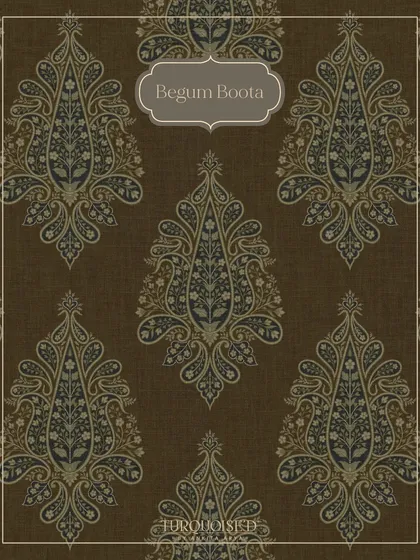 The Begum Boota wallpaper features individual, ornate paisley motifs. This swatch in a deep brown showcases the intricate detail within each 'boota', inspired by the woven patterns of Jamawar textiles.