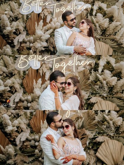 A collage of the couple posing against a "Better Together" neon sign, capturing their love in a series of romantic embraces.