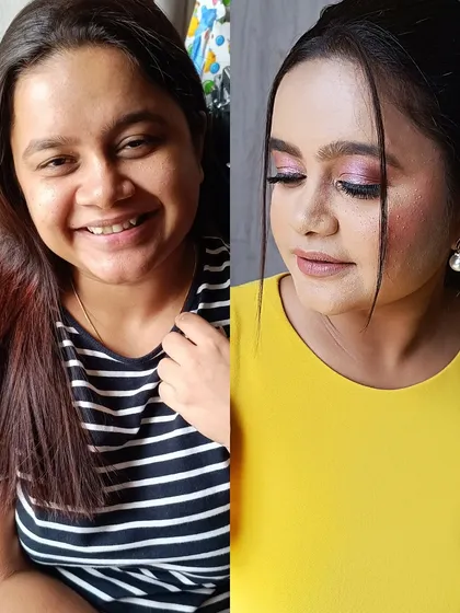 From a casual striped tee to a stunning look in yellow. This before-and-after showcases a soft pink shimmery eye and a flawless base, proving you're always just one makeup session away from feeling your best.