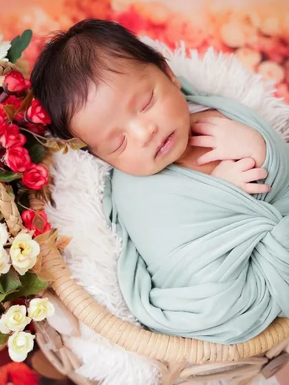 A beautiful overhead shot of a newborn sleeping in a basket filled with fresh flowers. This composition highlights how small and precious they are.