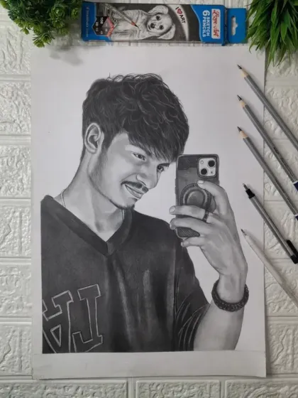 A modern portrait of a young man taking a selfie. This was a recent commission where I focused on the contemporary style and pose.