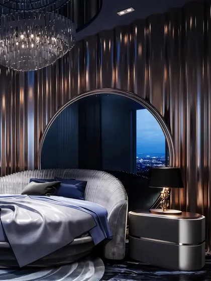 This visualization captures the dramatic mood of a modern luxury bedroom. My focus was on the advanced simulation of light and material. I rendered the way the metallic wall panels would catch the ambient glow from the crystal chandelier and the soft light from the bedside lamp, creating a space that feels both futuristic and deeply opulent. The reflection in the large circular mirror adds a layer of depth, showcasing the city view and expanding the narrative of the room.