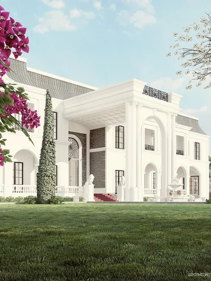 We design homes that feel like modern-day castles, blending classic European charm with clean, elegant style. This palatial residence features a grand, double-height entrance guarded by majestic lion statues, set within an expansive lawn. It is a statement of regal living and timeless architectural beauty.