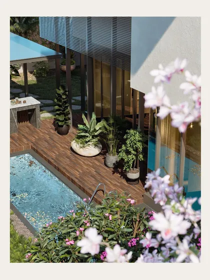 This design render for a villa at Embassy Boulevard showcases my approach to planning luxury outdoor living, integrating a sleek pool, wooden decking, and carefully selected plants to create a space of quiet elegance.