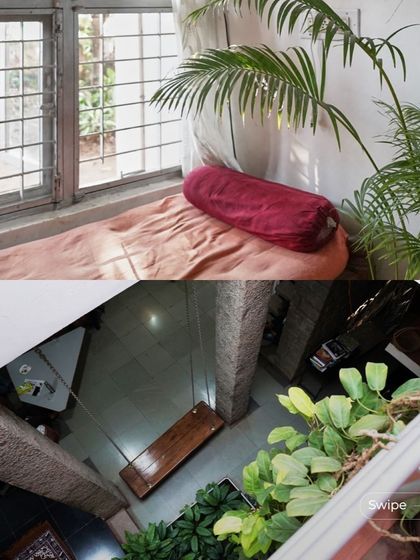 A quiet reading nook and a view of the central swing at the Rehmat Tarikere Residence, showing how the home is designed with spaces for both solitude and family life.
