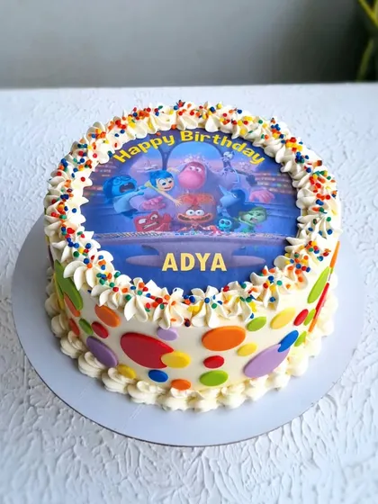 A closer view of the "Inside Out" cake.