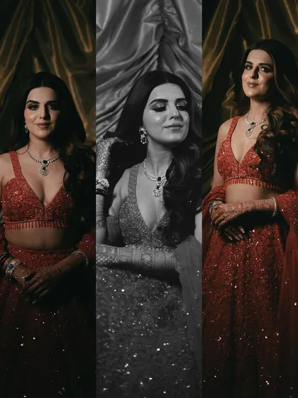 A triptych of bridal portraits, blending color and black and white. It showcases the bride's stunning red lehenga and jewelry from different angles, highlighting her beauty and the details of her look.