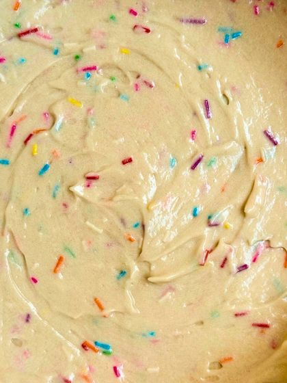 The funfetti cake batter before it goes into the oven. It's a promise of the colourful, happy cake to come.