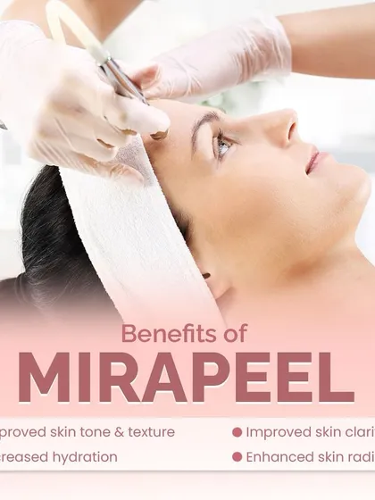 The primary benefits of a MiraPeel treatment are listed here. Patients can expect improved skin tone and texture, increased hydration, enhanced skin clarity, and a noticeable boost in radiance.