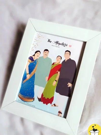 A family portrait is reimagined as a custom digital illustration. This piece, titled "The Aligators," is a wonderful way to capture your family's unique personality in a single frame.