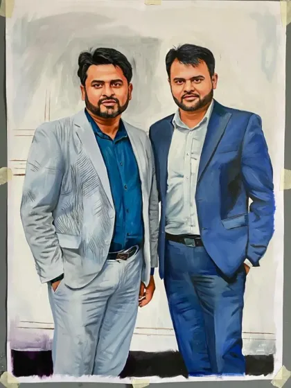 A full-length oil portrait of two brothers in suits. This kind of formal portrait is perfect for corporate gifting or as a statement piece in a home.