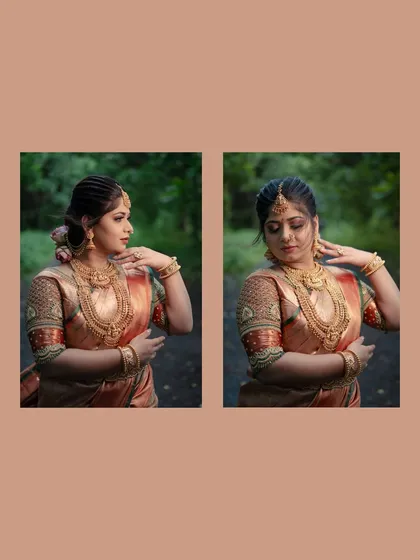A diptych of the bride in her South Indian attire, posing gracefully amidst nature. These portraits highlight her elegance and the beauty of her traditional ensemble.