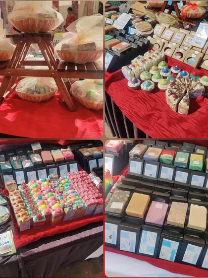 A collage of my stall setup, showing the variety of products available, from soap cakes and cupcake soaps to gift baskets and regular bars.