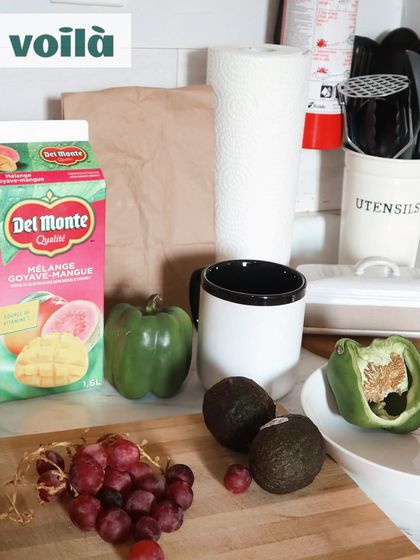 I create clean, attractive flatlays that show the quality of a brand's products. This image for Voila.ca features a variety of fresh groceries, highlighting the range and quality they deliver.