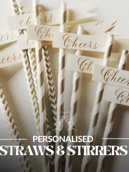 A graphic focused on our personalized straws and stirrers, a simple way to elevate your event.