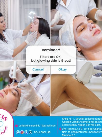 A collage of different treatments being performed at our clinic, including facials and laser procedures. The message "Filters are OK, but glowing skin is Great!" reinforces our focus on achieving genuine skin health.