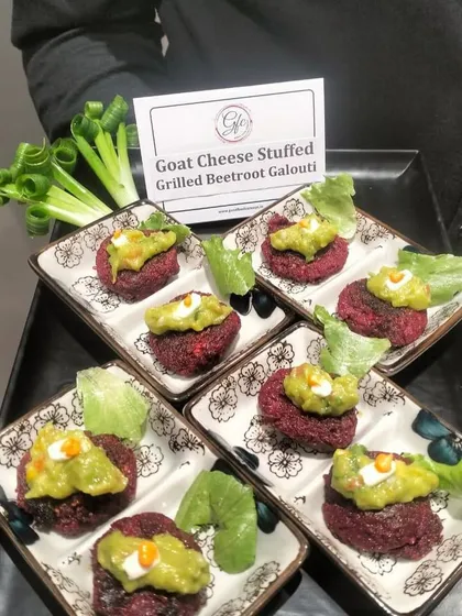 Our Goat Cheese Stuffed Grilled Beetroot Galouti is a vibrant and flavorful creation, offering a perfect balance of earthy and tangy notes.
