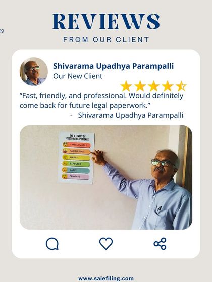 "Fast, friendly, and professional. Would definitely come back for future legal paperwork." We are honored by Shivarama Upadhya Parampalli's feedback and look forward to assisting him with all his future legal service needs.