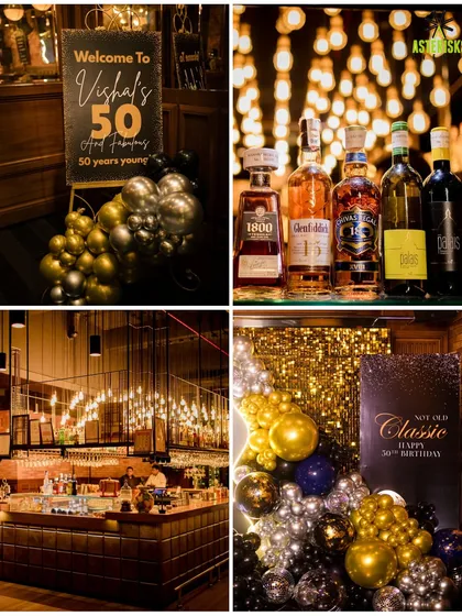 A collage of details from a classic 50th birthday party. From the balloon decor and welcome sign to the fully stocked bar, every element was curated for a sophisticated celebration.