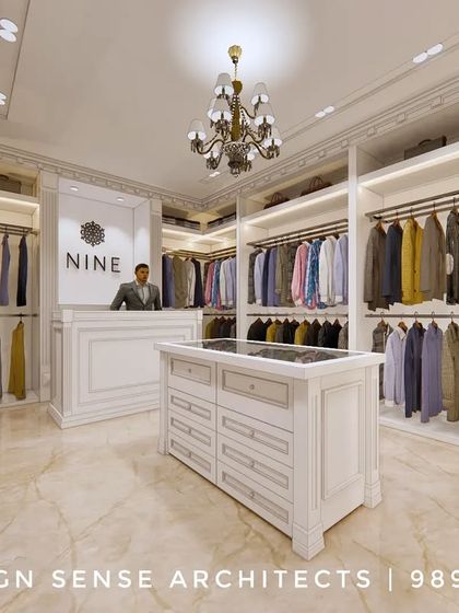 A rendering for a classic menswear store. The design uses traditional cabinetry, an elegant central island for accessories, and a neutral color palette to create a timeless and upscale environment.