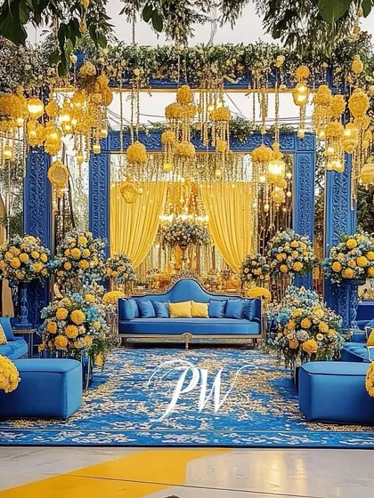 A stunning blue and yellow themed Mehendi decor, creating a bold and royal look with luxurious velvet seating and hanging floral arrangements.