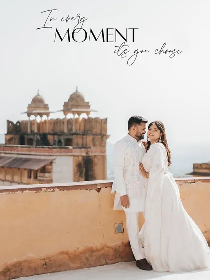 A stunning portrait overlooking the hills from Amer Fort, with a romantic quote overlay perfect for a memorable save-the-date.