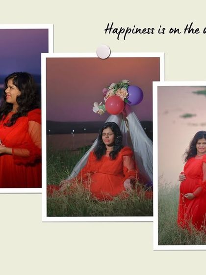 This collage captures the magic of a golden hour maternity shoot in an open field. The warm light and beautiful scenery create a dreamy and romantic atmosphere for these pregnancy portraits.