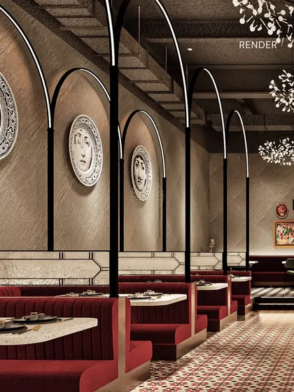 Our design process starts with detailed renders so clients can truly visualize the final space. For Fountain Sizzlers, we planned every detail, from the arched booth partitions to the custom art, ensuring the vision we presented was exactly what we delivered.