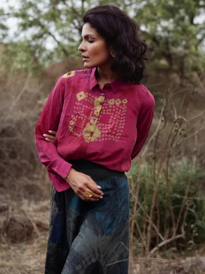 New work from a creative shoot with an earthy, natural feel. I styled this tie-dye silk shirt and skirt set from an Indian designer, letting the rich pink and navy tones stand out against the rustic background.