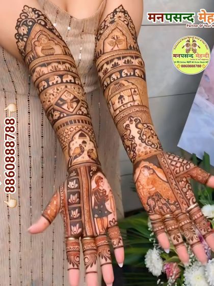 A beautiful bridal design featuring portraits of the couple, with peacocks and other traditional motifs filling the arms. The attention to detail in the clothing and expressions is a hallmark of my work.