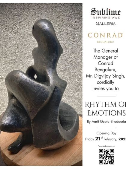 The invitation for 'Rhythm of Emotions', a sculpture exhibition by Aarti Gupta Bhadauria at the Conrad Bengaluru. The featured piece is an abstract terracotta sculpture with fluid, emotional lines.