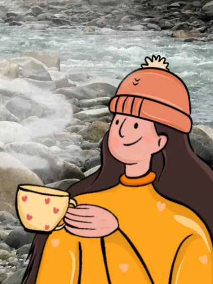 A close-up of one of the illustrated characters from my "Pahad and chai" piece. I focus on simple lines and expressions to add a warm, friendly vibe to the original photograph.