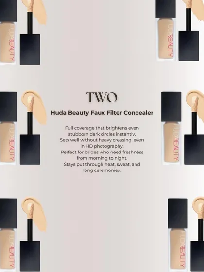 For brides who need freshness from morning to night, I trust the Huda Beauty Faux Filter Concealer. It offers full coverage that brightens instantly and stays put through heat, sweat, and long ceremonies.
