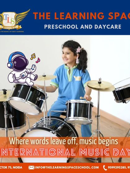 A young rockstar at the drum set. We provide real instruments to give children an authentic musical experience and inspire a potential passion for music.