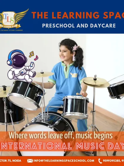 A young rockstar at the drum set. We provide real instruments to give children an authentic musical experience and inspire a potential passion for music.