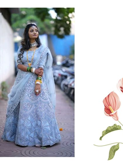 Our client looks beautiful in this powder blue lehenga with intricate embroidery. It's a great choice for a daytime wedding or an elegant evening affair.