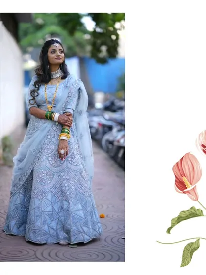 Our client looks beautiful in this powder blue lehenga with intricate embroidery. It's a great choice for a daytime wedding or an elegant evening affair.