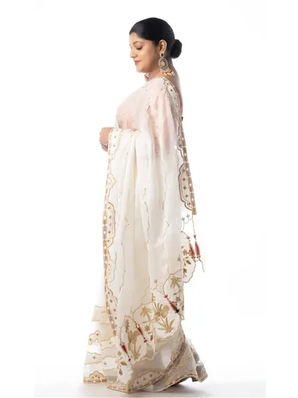 A side profile showcasing the delicate drape of the pallu on Aparna Balamurali's organza saree. Every detail is considered to create a complete and polished look.