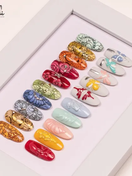 This is my Emboss Gel Series 2, where each design is unique. We explore different patterns, from delicate bows to intricate floral and abstract shapes.