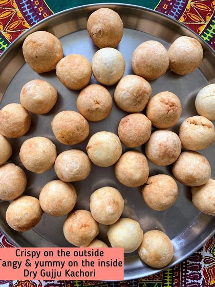 My special Dry Gujju Kachori. It's crispy on the outside with a tangy and delicious filling on the inside, making it a perfect travel snack.