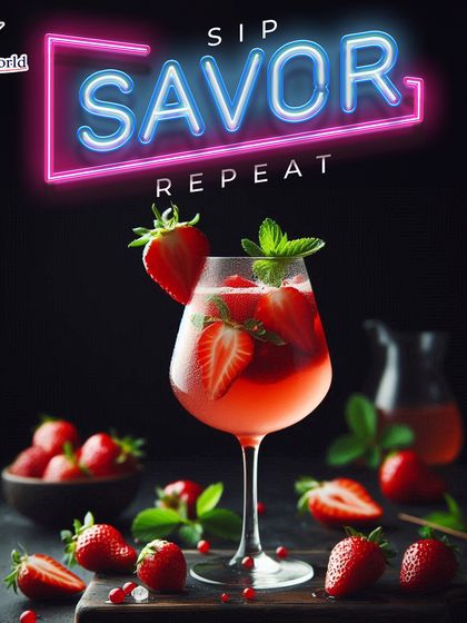 Sip, Savor, Repeat. This is our mantra. This image of a refreshing strawberry cocktail under a neon sign perfectly captures our philosophy of creating enjoyable, repeatable experiences.